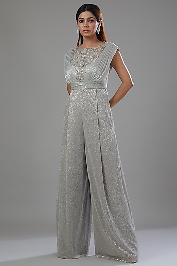 Silver Foil Crinkle & Net Hand Embellished Jumpsuit by Tarun Tahiliani