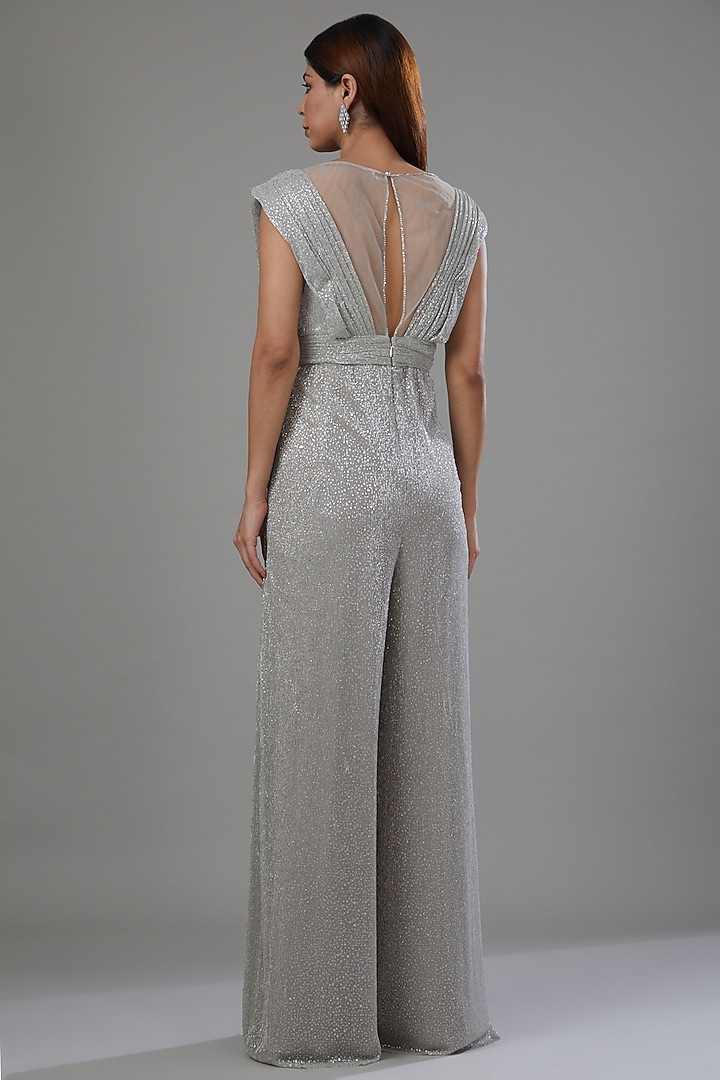 Silver Foil Crinkle & Net Hand Embellished Jumpsuit by Tarun Tahiliani at Pernia's Pop Up Shop