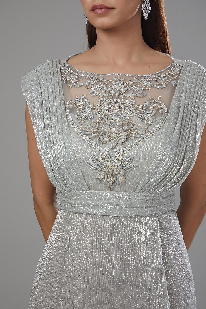 Silver Foil Crinkle & Net Hand Embellished Jumpsuit by Tarun Tahiliani at Pernia's Pop Up Shop