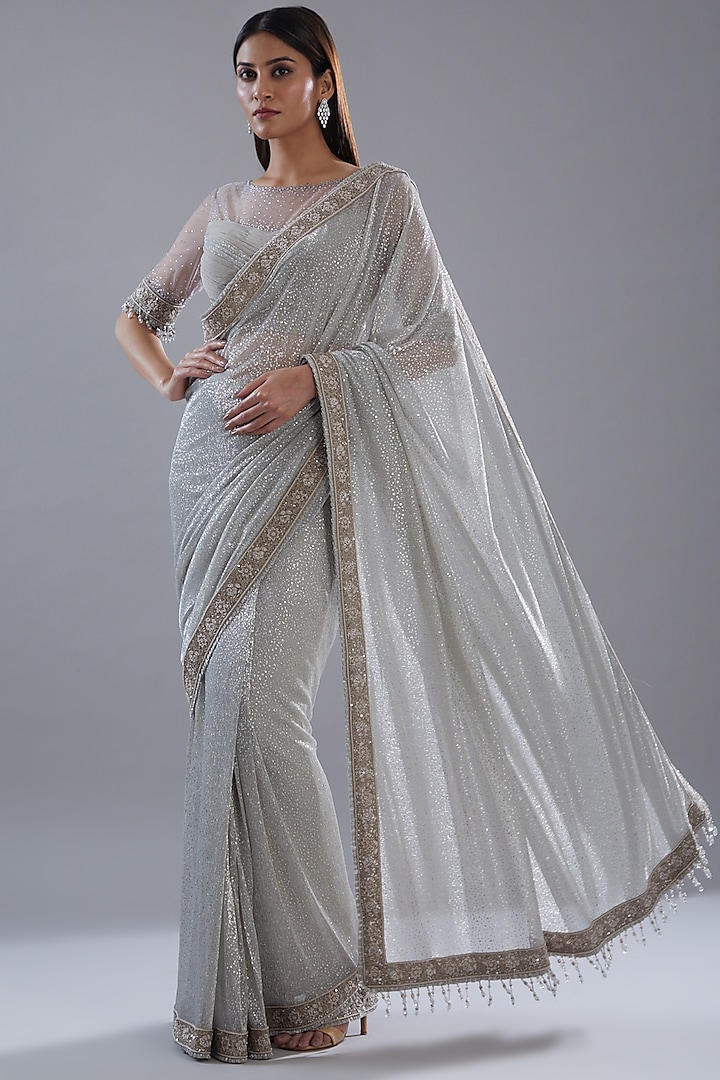 Silver Crinkle Foil Embellished Saree Set by Tarun Tahiliani