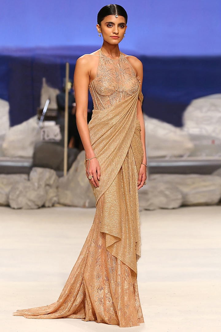 Champagne Gold Crinkle Tulle Concept Saree by Tarun Tahiliani