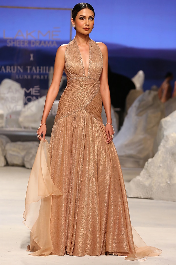 Rose Gold Crinkle Tulle Embroidered Draped Gown by Tarun Tahiliani