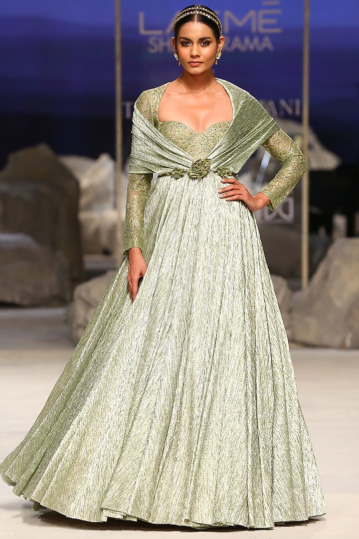 Sage Green Crinkle Tulle Draped Gown by Tarun Tahiliani