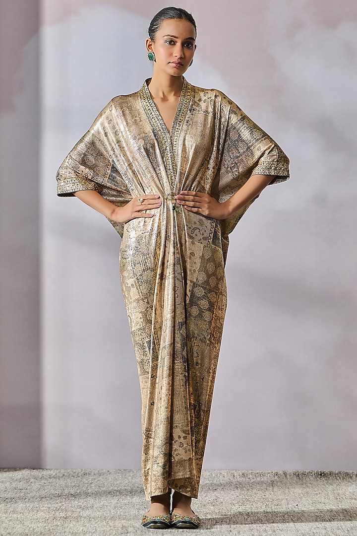 Oyster Color Foil Jersey Crystal Embellished & Printed Dress by Tarun Tahiliani