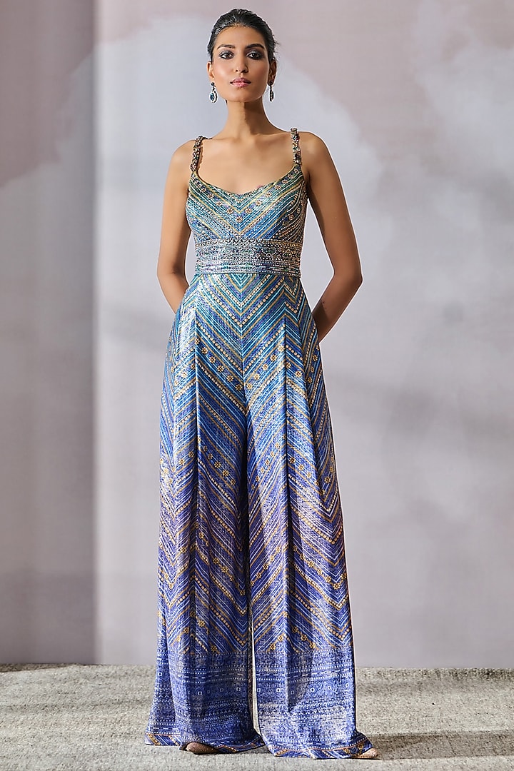 Peacock Blue Foil Jersey Abstract Geometric Printed Jumpsuit by Tarun Tahiliani