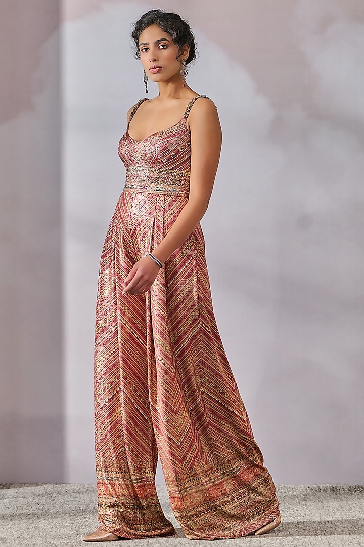 Brick Red Foil Jersey Abstract Geometric Printed Jumpsuit by Tarun Tahiliani