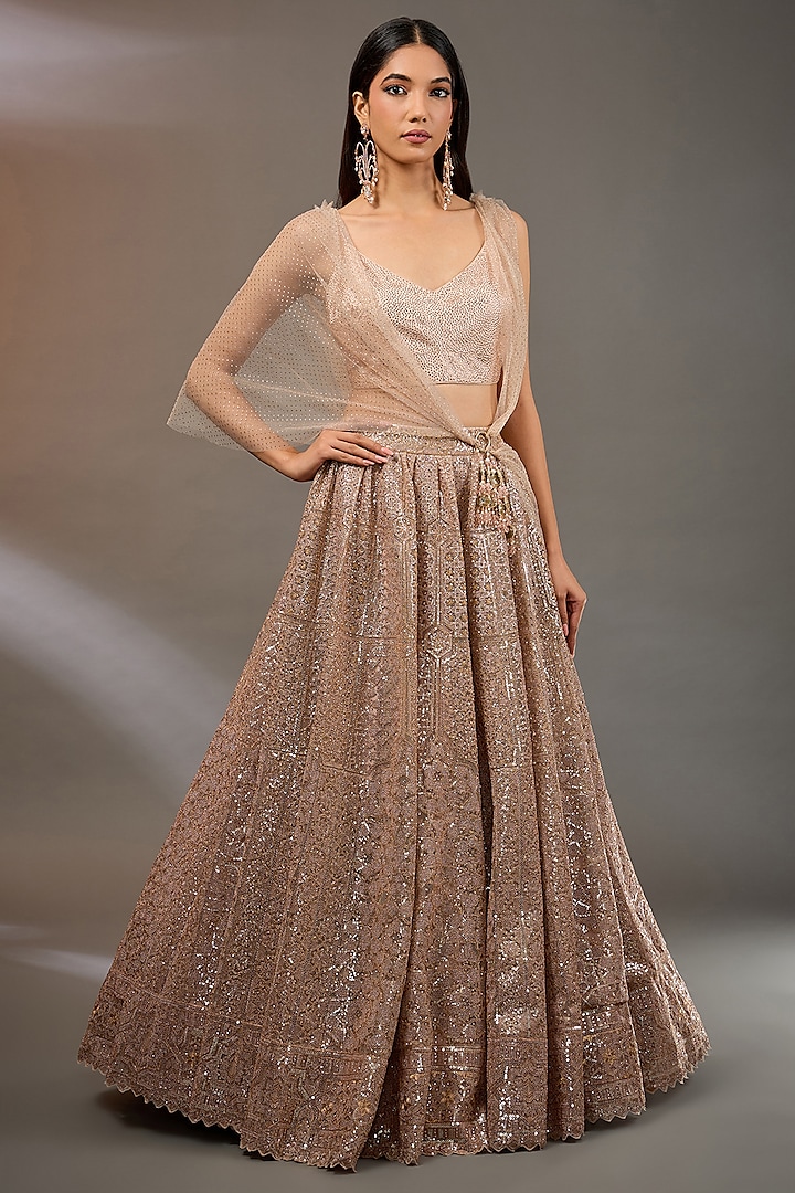 Blush Tulle Sequins Embroidered Draped Bridal Lehenga Set by Tarun Tahiliani at Pernia's Pop Up Shop