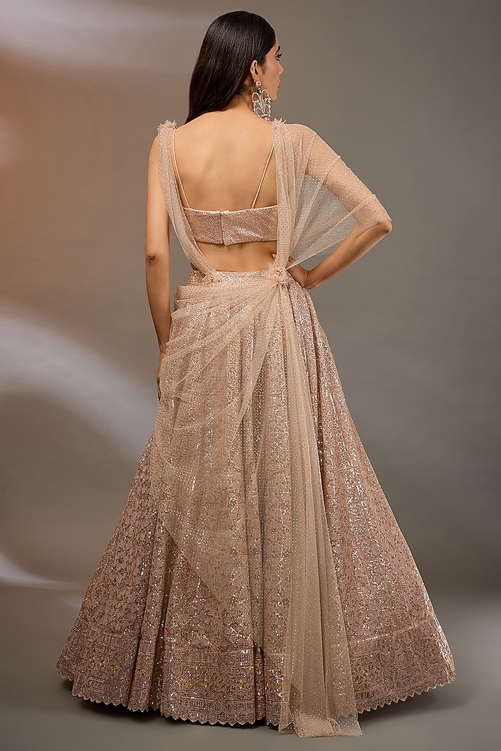 Blush Tulle Sequins Embroidered Draped Bridal Lehenga Set by Tarun Tahiliani at Pernia's Pop Up Shop