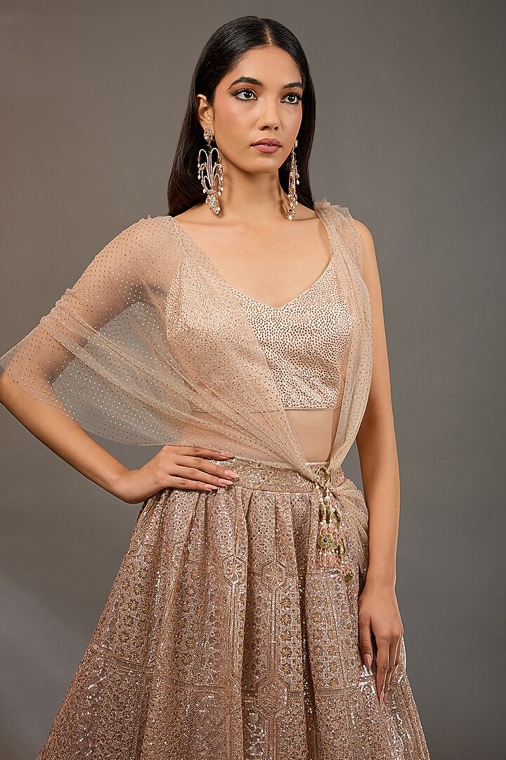 Blush Tulle Sequins Embroidered Draped Bridal Lehenga Set by Tarun Tahiliani at Pernia's Pop Up Shop