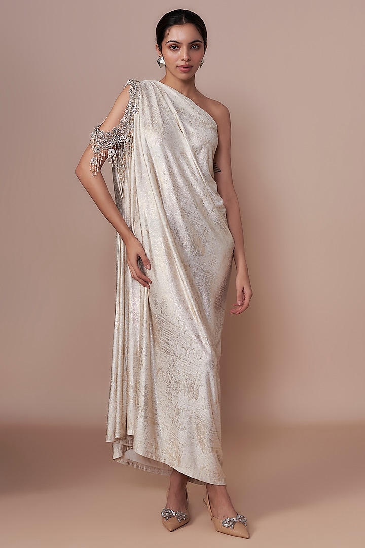 Off-White Foil Jersey Crystal Embellished One-Shoulder Dress by Tarun Tahiliani at Pernia's Pop Up Shop