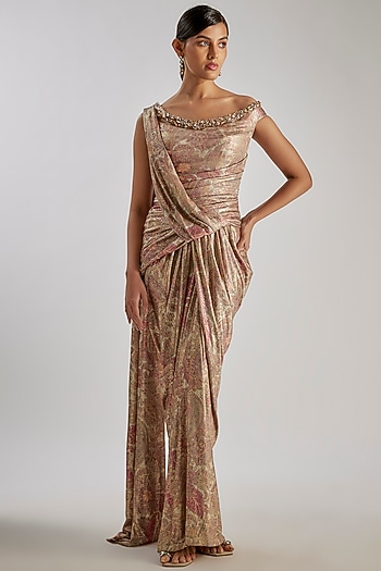 Peach Foil Jersey Printed Concept Saree by Tarun Tahiliani