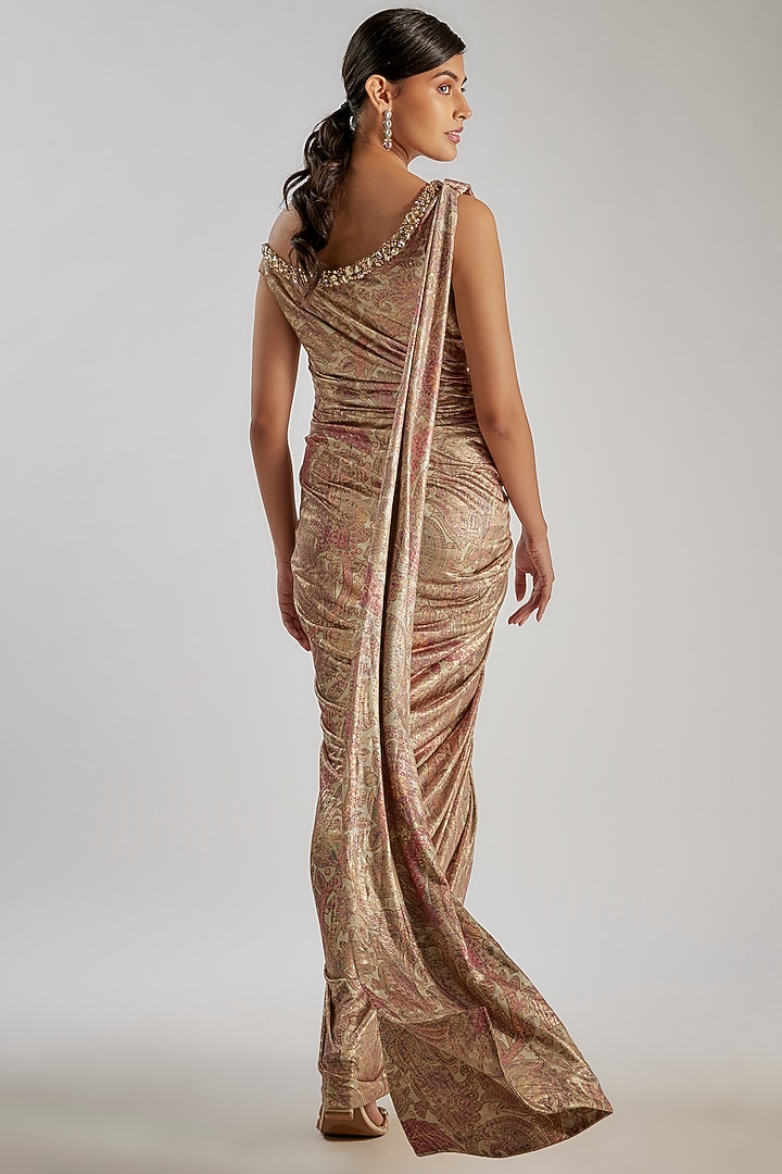 Peach Foil Jersey Printed Concept Wedding Saree by Tarun Tahiliani at Pernia's Pop Up Shop