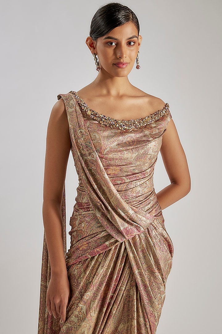 Peach Foil Jersey Printed Concept Wedding Saree by Tarun Tahiliani at Pernia's Pop Up Shop