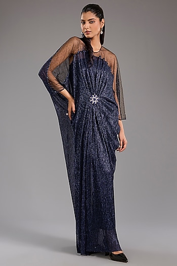 Blue Crinkle Tulle Embroidered Kaftan Dress by Tarun Tahiliani