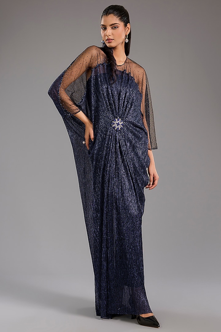 Blue Crinkle Tulle Embroidered Kaftan Dress by Tarun Tahiliani at Pernia's Pop Up Shop