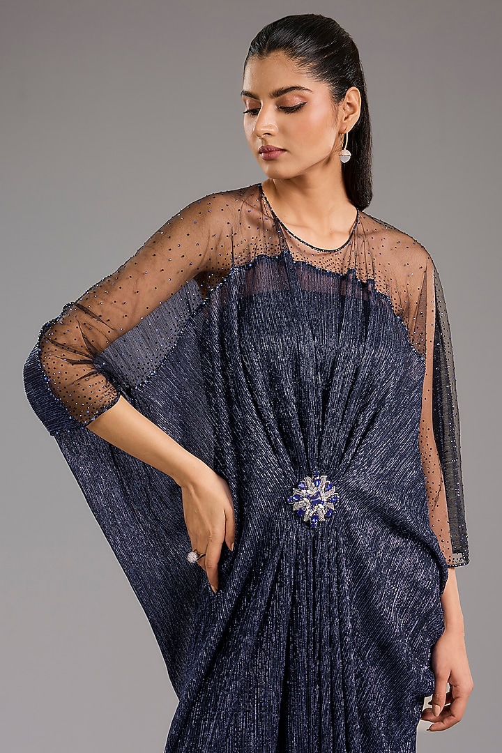 Blue Crinkle Tulle Embroidered Kaftan Party Wear Dress by Tarun Tahiliani at Pernia's Pop Up Shop