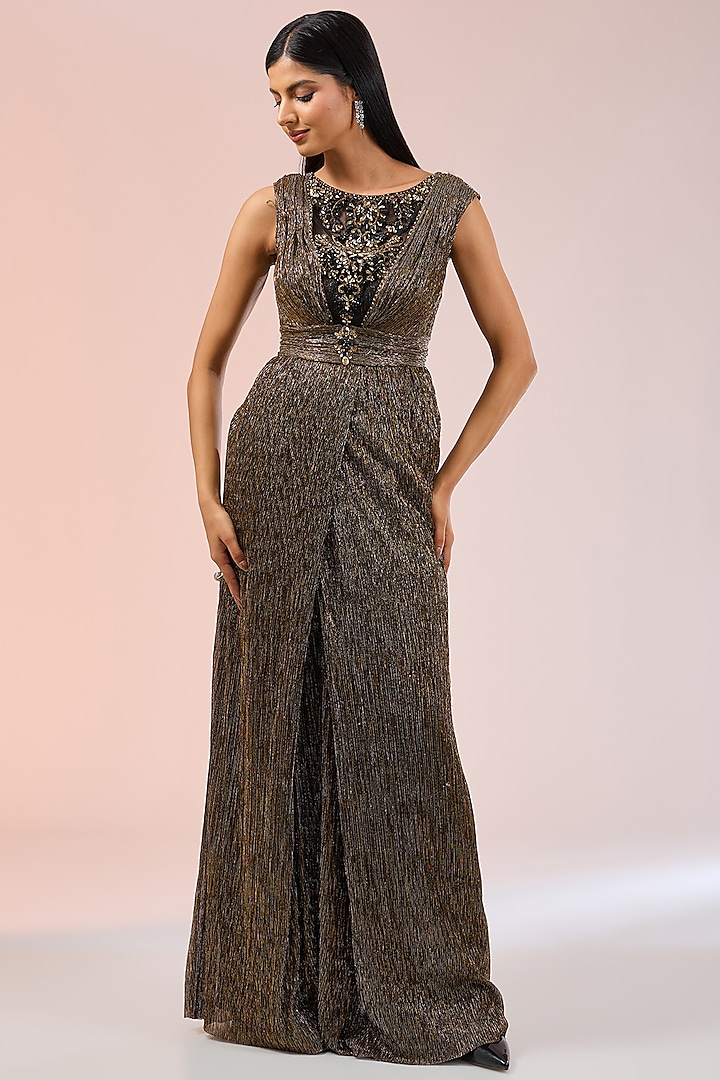 Antique Gold Crinkle Tulle Embellished Jumpsuit by Tarun Tahiliani at Pernia's Pop Up Shop