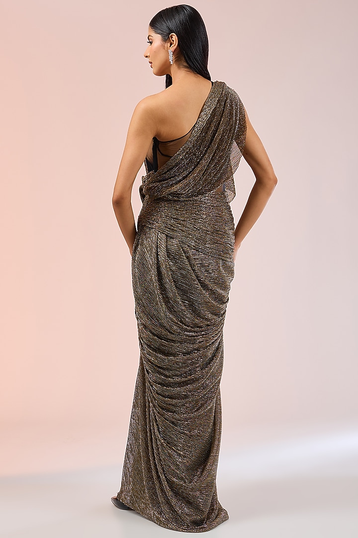 Antique Gold Crinkle Tulle & Net One-Shoulder Draped Party Wear Dress by Tarun Tahiliani at Pernia's Pop Up Shop