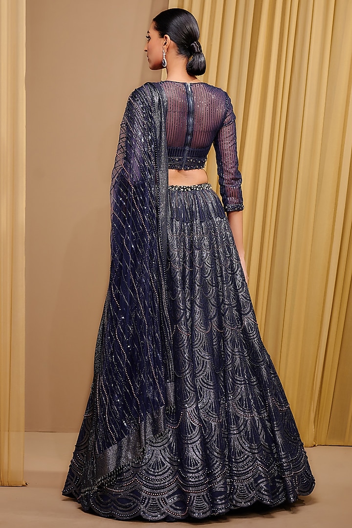 Midnight Blue Tulle Sequins Embroidered Bridal Lehenga Set by Tarun Tahiliani at Pernia's Pop Up Shop