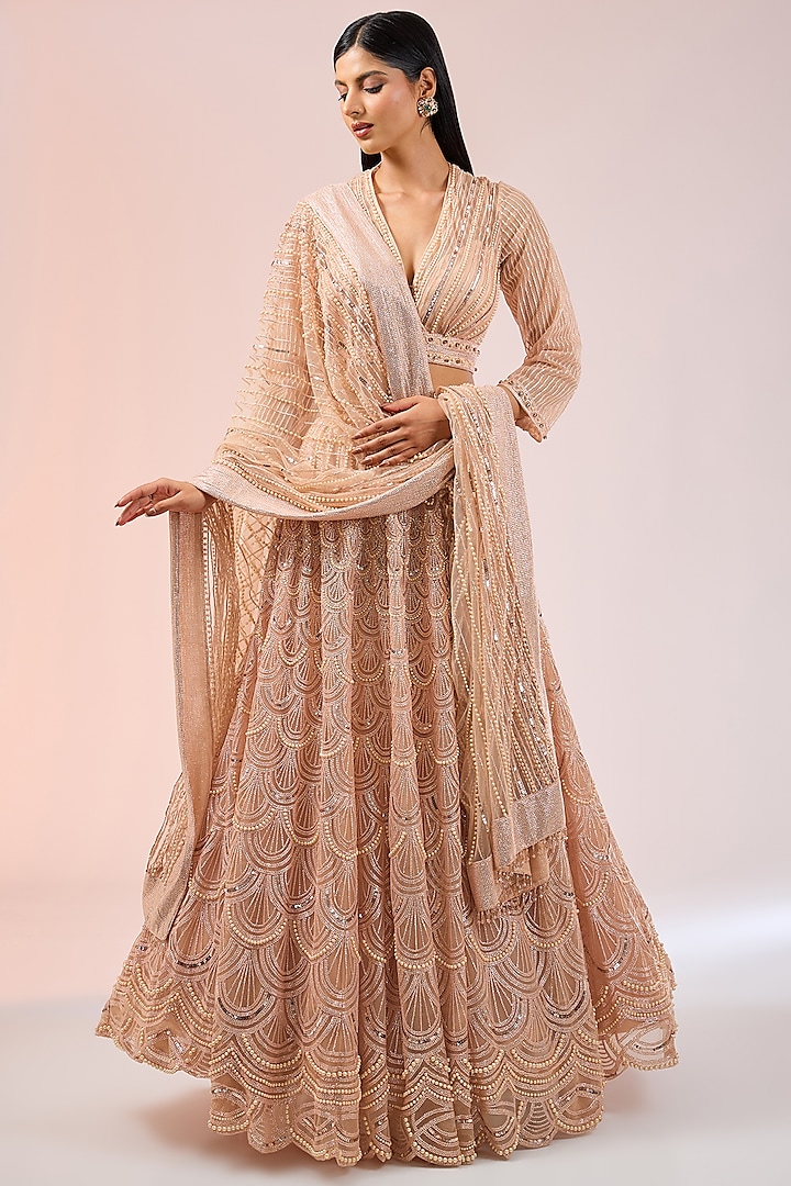 Blush Tulle Sequins Embroidered Bridal Lehenga Set by Tarun Tahiliani at Pernia's Pop Up Shop