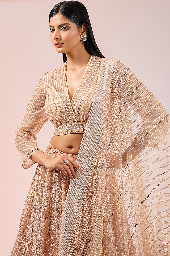 Blush Tulle Sequins Embroidered Bridal Lehenga Set by Tarun Tahiliani at Pernia's Pop Up Shop