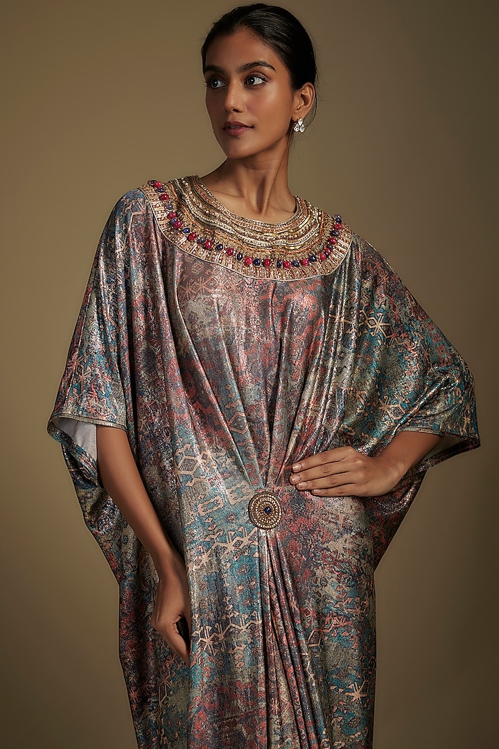 Multi-Colored Foil Jersey Printed & Embroidered Kaftan by Tarun Tahiliani at Pernia's Pop Up Shop