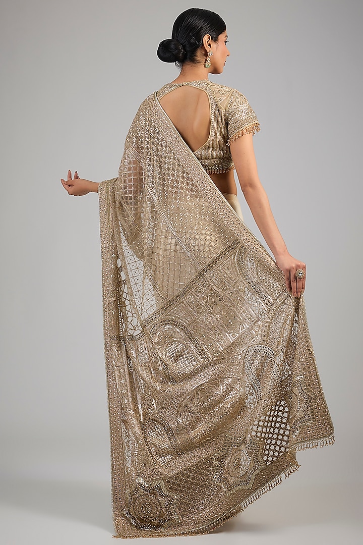 Gold Indian Tulle Sequins Embroidered Bridal Saree Set by Tarun Tahiliani at Pernia's Pop Up Shop