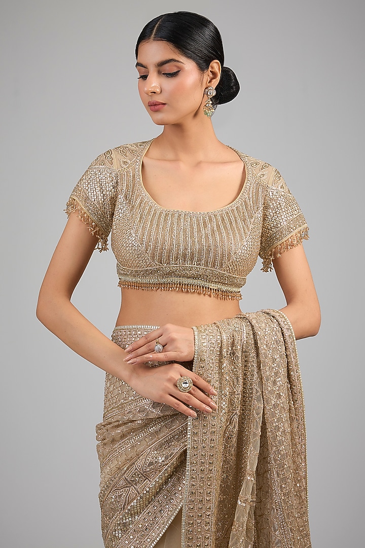 Gold Indian Tulle Sequins Embroidered Bridal Saree Set by Tarun Tahiliani at Pernia's Pop Up Shop