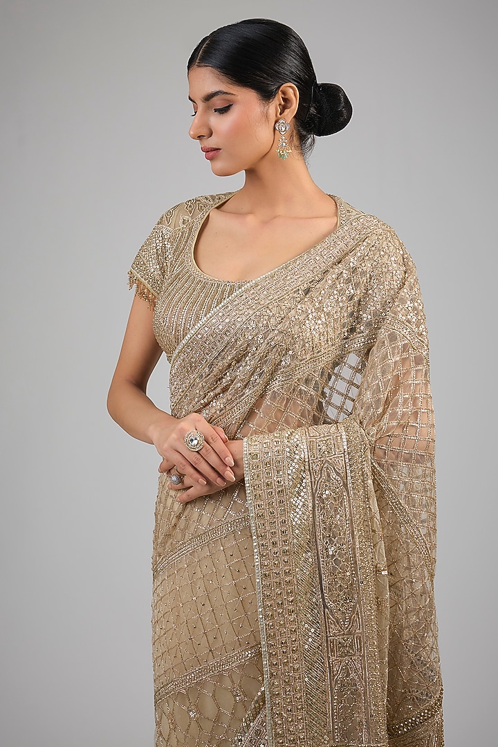 Gold Indian Tulle Sequins Embroidered Bridal Saree Set by Tarun Tahiliani at Pernia's Pop Up Shop
