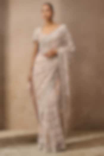 Blush Pink Indian Tulle Sequins Embroidered Bridal Saree Set by Tarun Tahiliani at Pernia's Pop Up Shop