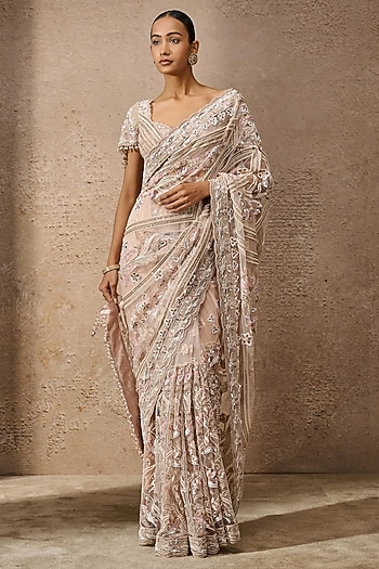 Blush Pink Indian Tulle Sequins Embroidered Saree Set by Tarun Tahiliani