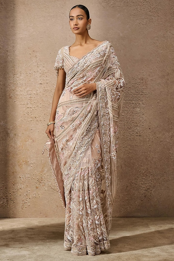 Blush Pink Indian Tulle Sequins Embroidered Bridal Saree Set by Tarun Tahiliani at Pernia's Pop Up Shop