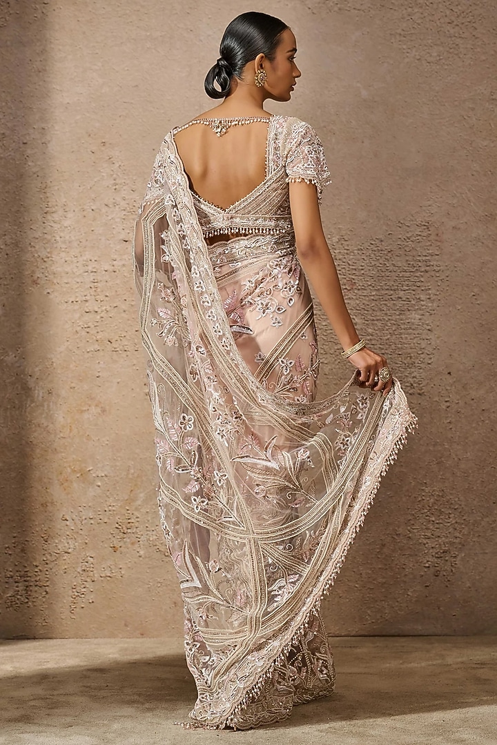 Blush Pink Indian Tulle Sequins Embroidered Bridal Saree Set by Tarun Tahiliani at Pernia's Pop Up Shop