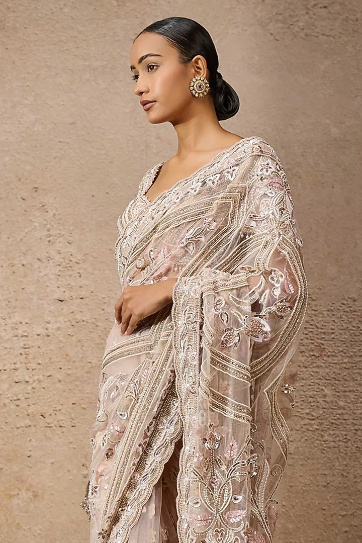 Blush Pink Indian Tulle Sequins Embroidered Bridal Saree Set by Tarun Tahiliani at Pernia's Pop Up Shop
