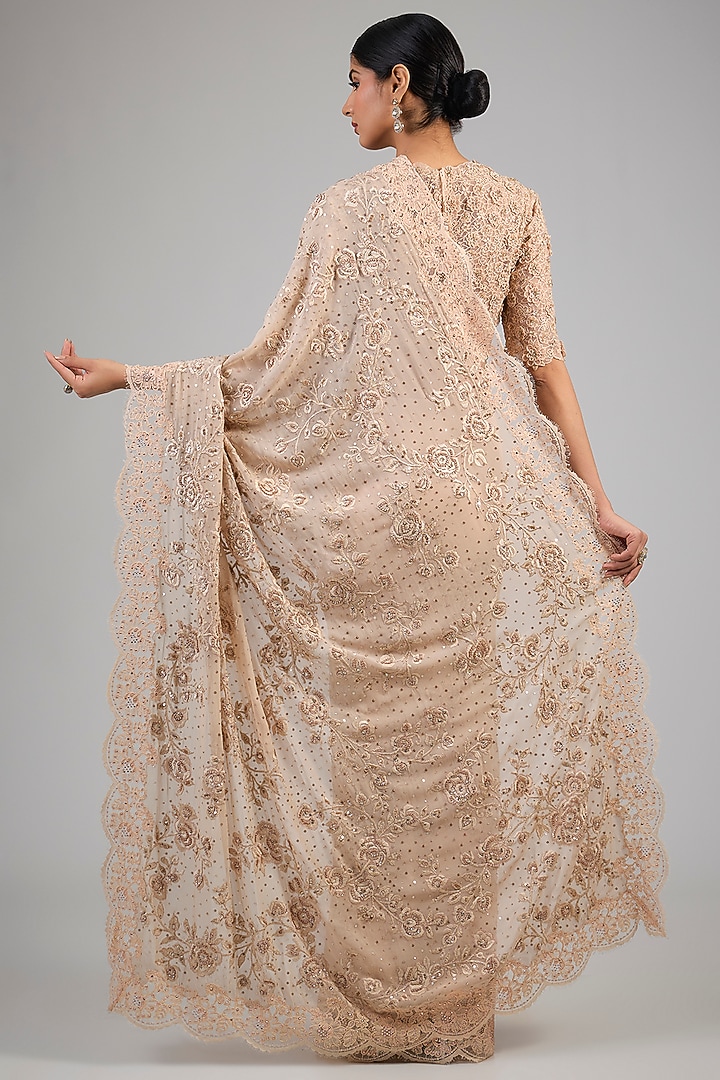 Blush Silk Georgette Thread Embroidered Bridal Saree Set by Tarun Tahiliani at Pernia's Pop Up Shop
