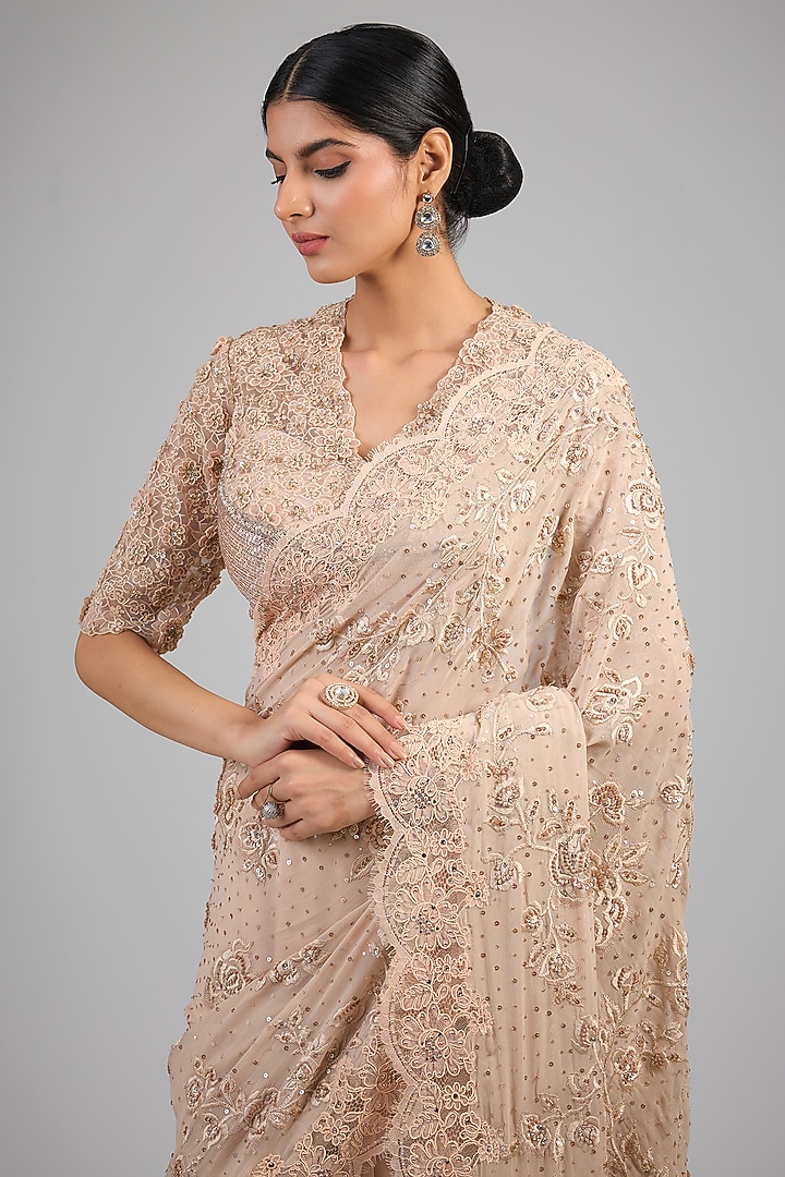 Blush Silk Georgette Thread Embroidered Bridal Saree Set by Tarun Tahiliani at Pernia's Pop Up Shop