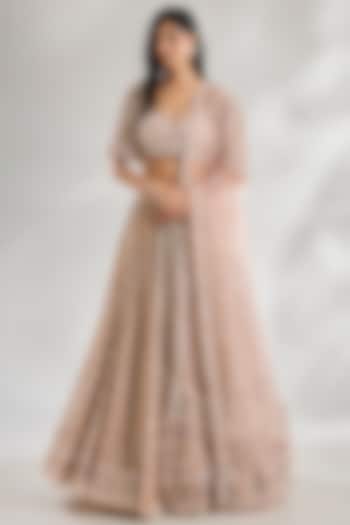 Blush Pink Indian Tulle Jaal Motif Embroidered Bridal Lehenga Set by Tarun Tahiliani at Pernia's Pop Up Shop