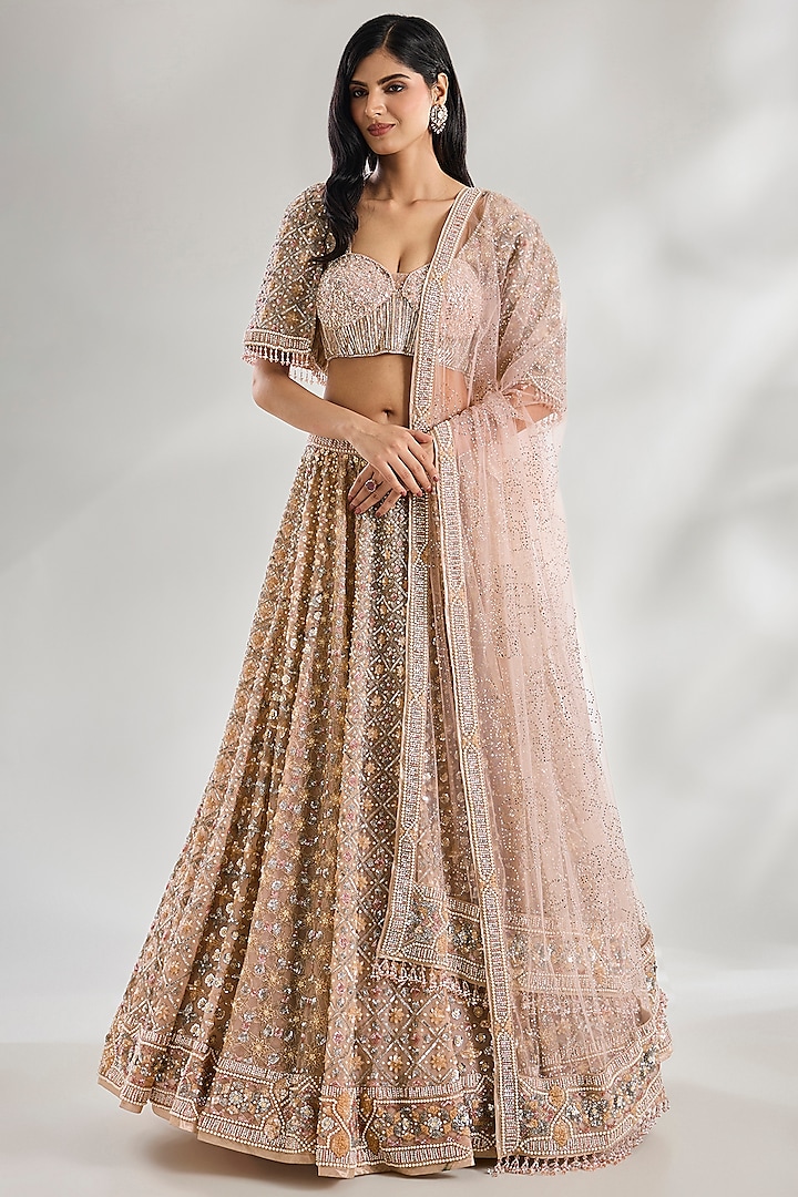 Blush Pink Indian Tulle Jaal Motif Embroidered Bridal Lehenga Set by Tarun Tahiliani at Pernia's Pop Up Shop