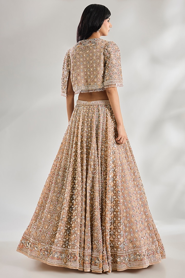 Blush Pink Indian Tulle Jaal Motif Embroidered Bridal Lehenga Set by Tarun Tahiliani at Pernia's Pop Up Shop