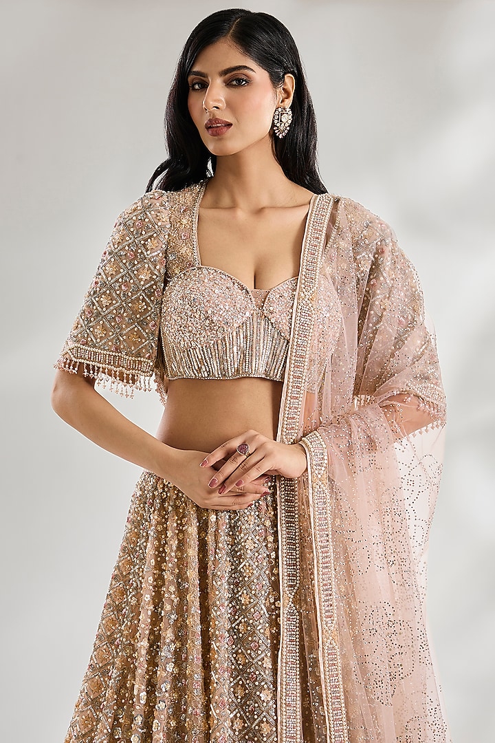 Blush Pink Indian Tulle Jaal Motif Embroidered Bridal Lehenga Set by Tarun Tahiliani at Pernia's Pop Up Shop