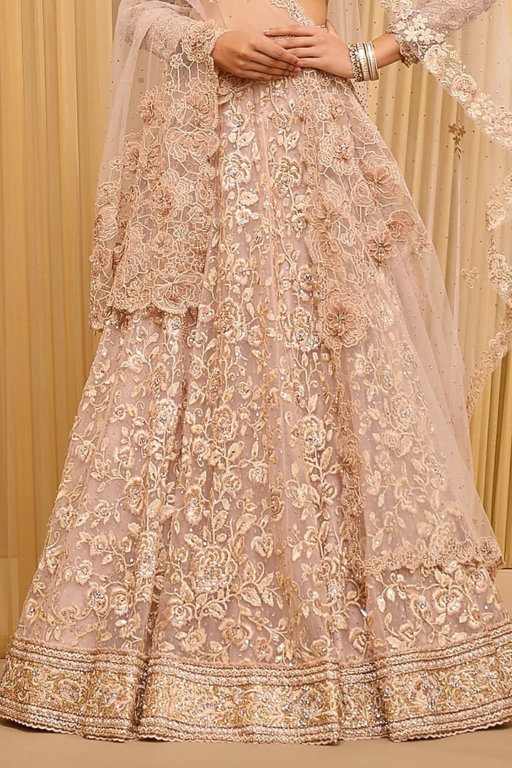 Blush Pink Indian Tulle Thread Embroidered Bridal Lehenga Set by Tarun Tahiliani at Pernia's Pop Up Shop