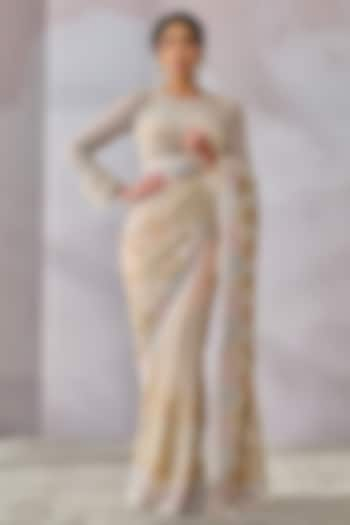 Ivory Tulle Pearl Embroidered Saree Set by Tarun Tahiliani at Pernia's Pop Up Shop