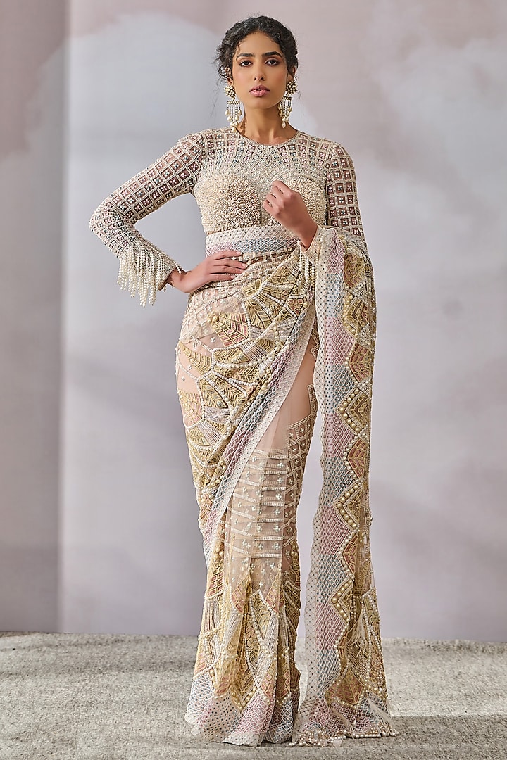 Ivory Tulle Pearl Embroidered Saree Set by Tarun Tahiliani at Pernia's Pop Up Shop