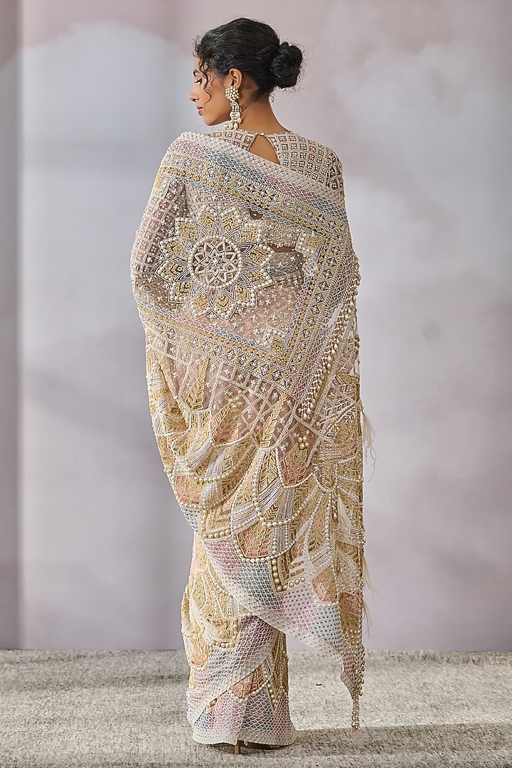 Ivory Tulle Pearl Embroidered Bridal Saree Set by Tarun Tahiliani at Pernia's Pop Up Shop