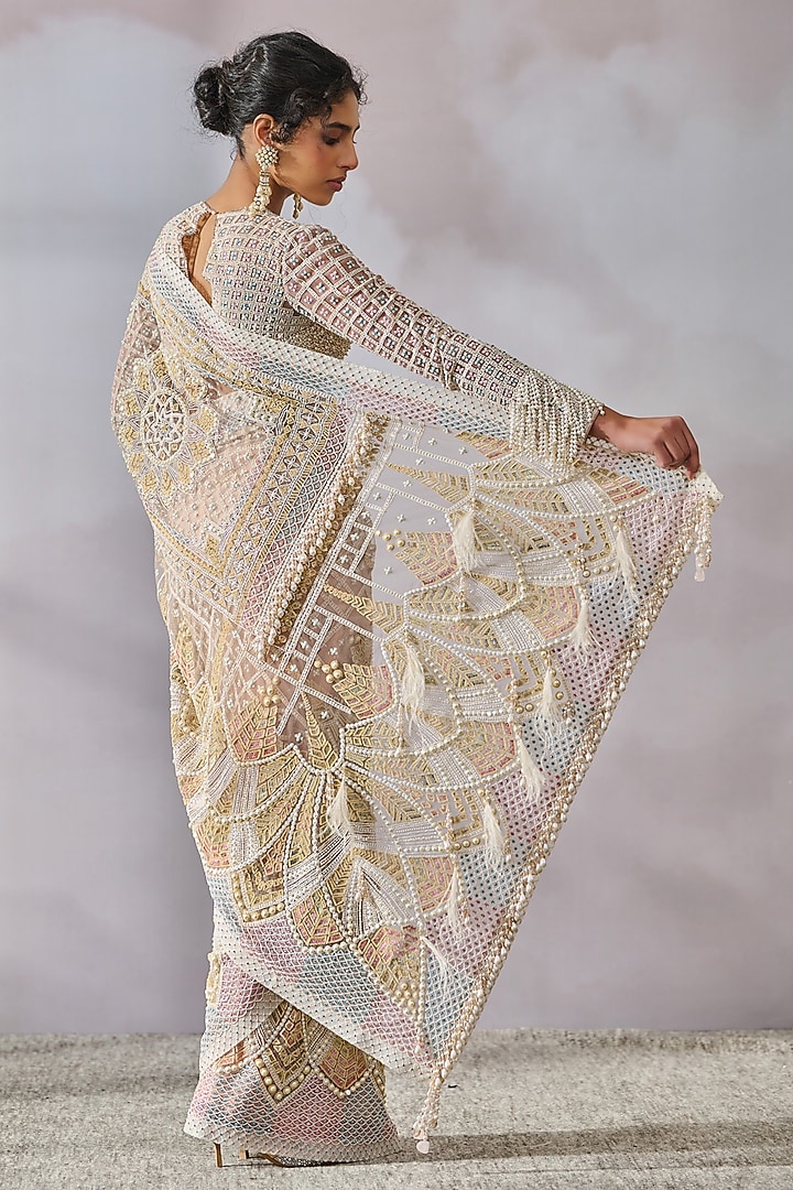Ivory Tulle Pearl Embroidered Bridal Saree Set by Tarun Tahiliani at Pernia's Pop Up Shop