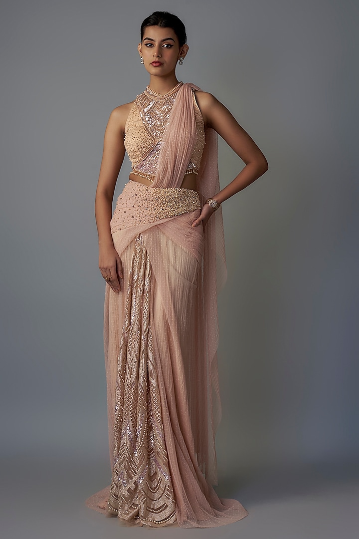 Peach Dotted Crinkle Pearl Embroidered Draped Concept Saree Set by Tarun Tahiliani at Pernia's Pop Up Shop