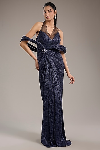 Blue Crinkle Tulle Sculpted Dress by Tarun Tahiliani