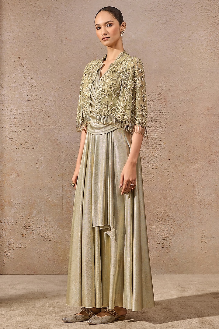 Jade Green Foil Jersey Draped Dress With Cape by Tarun Tahiliani at Pernia's Pop Up Shop