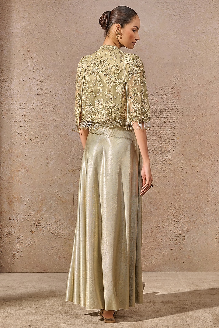 Jade Green Foil Jersey Draped Party Wear Dress With Cape by Tarun Tahiliani at Pernia's Pop Up Shop
