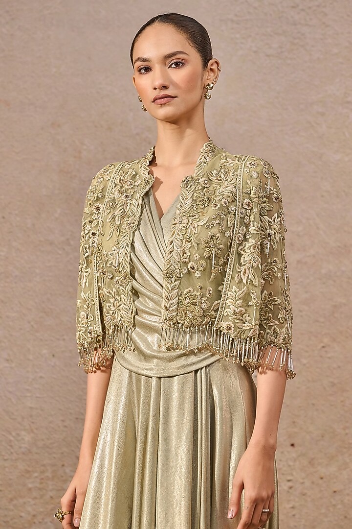 Jade Green Foil Jersey Draped Party Wear Dress With Cape by Tarun Tahiliani at Pernia's Pop Up Shop